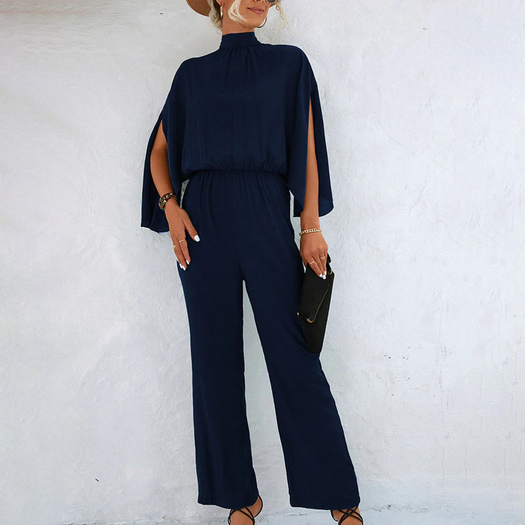 Women' Summer Jumpsuit with High Neck and Slit Sleeves