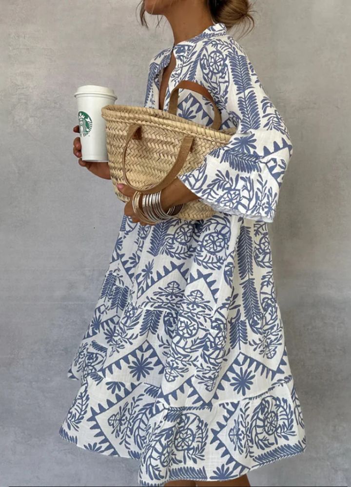 Women's Summer Boho Print Midi Dress with V-neck
