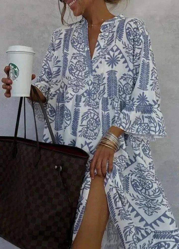 Women's Summer Boho Print Midi Dress with V-neck