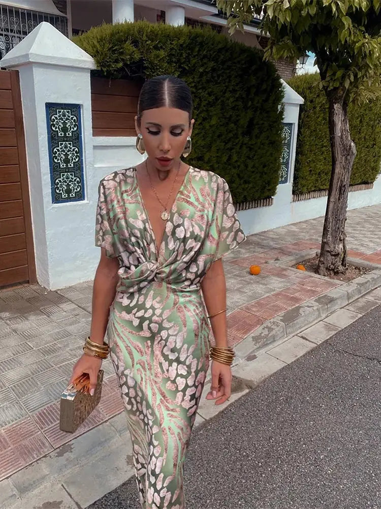 Women's Summer Printed Dress with Twisted Style and Short Sleeves