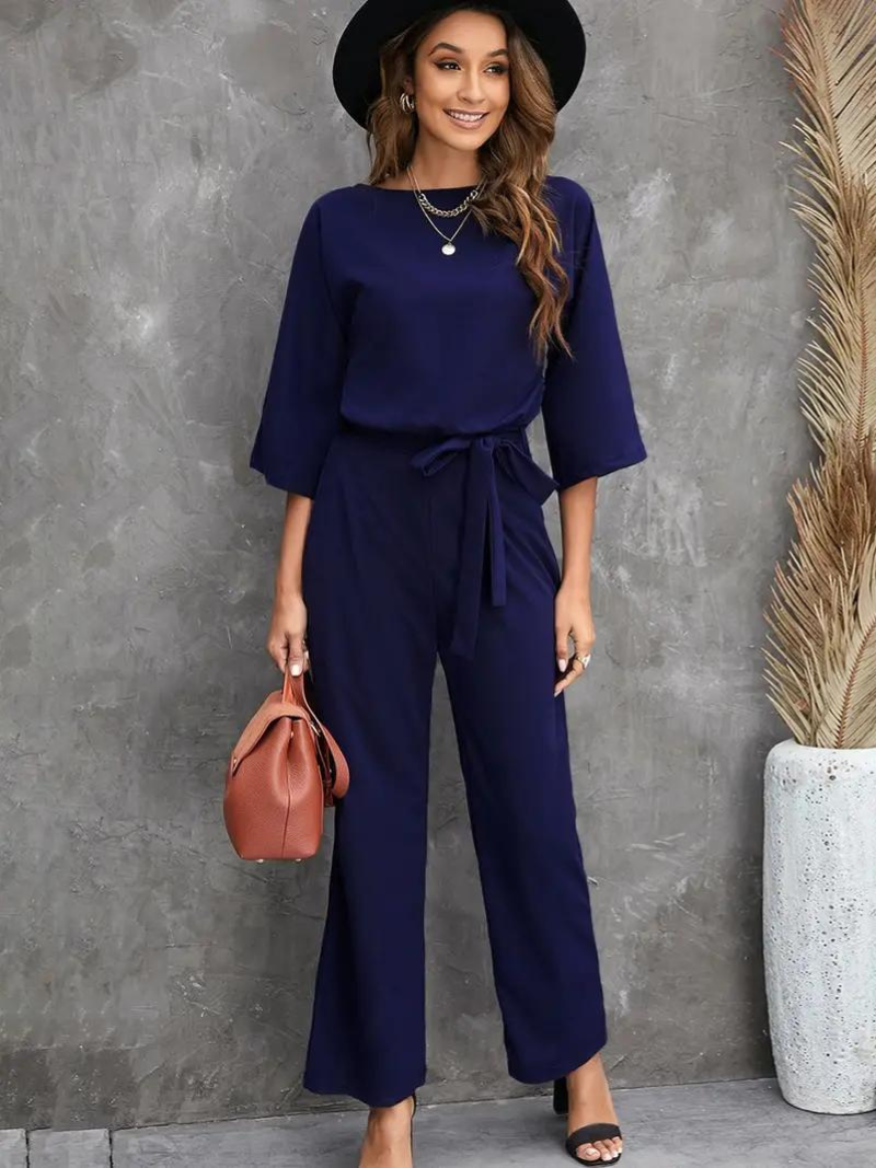 Women's Summer Jumpsuit with Belt and Long Sleeves