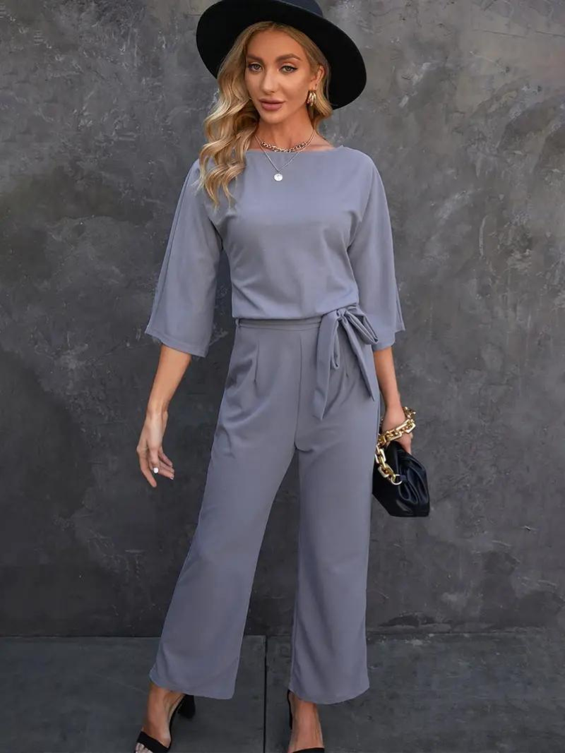 Women's Summer Jumpsuit with Belt and Long Sleeves