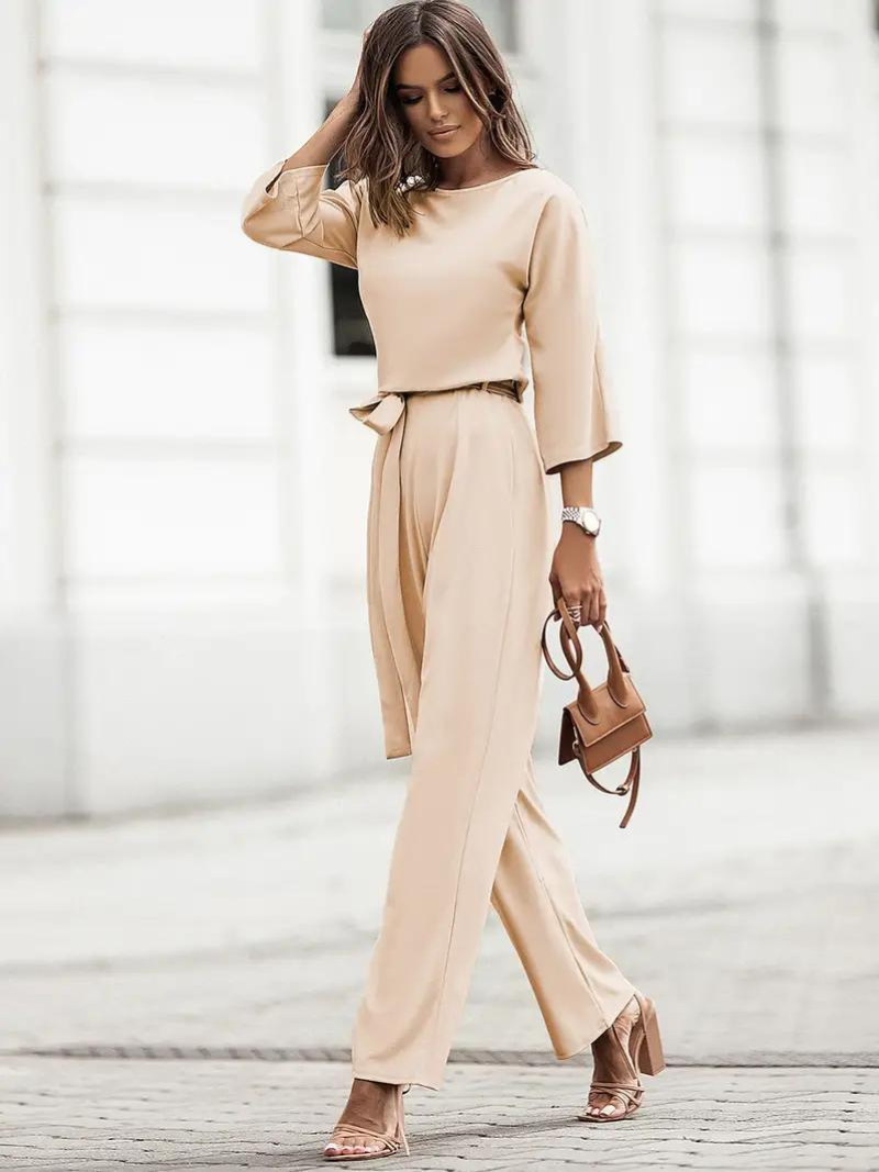Women's Summer Jumpsuit with Belt and Long Sleeves