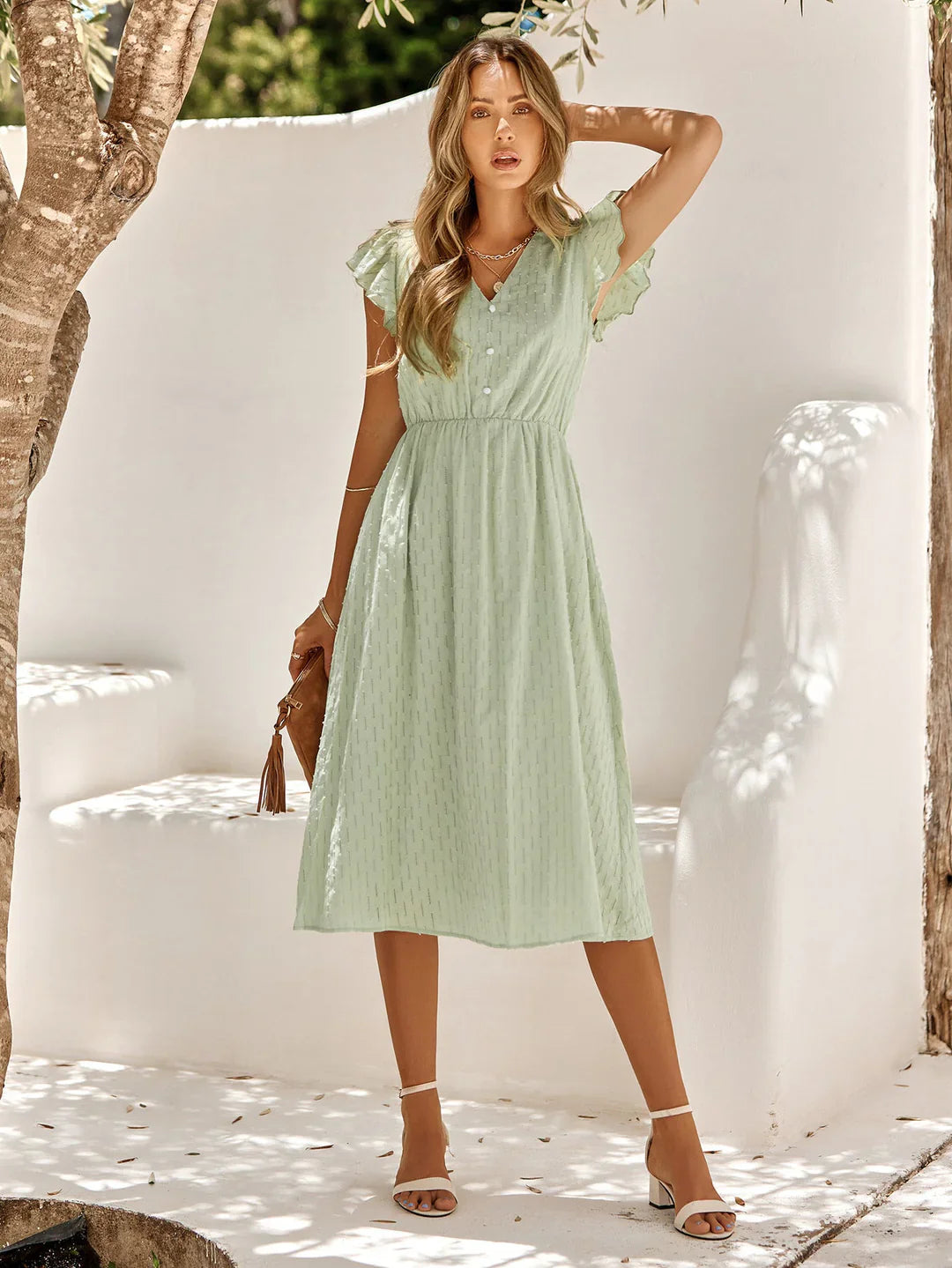 Women's Summer Midi Dress with Ruffles and V-neck