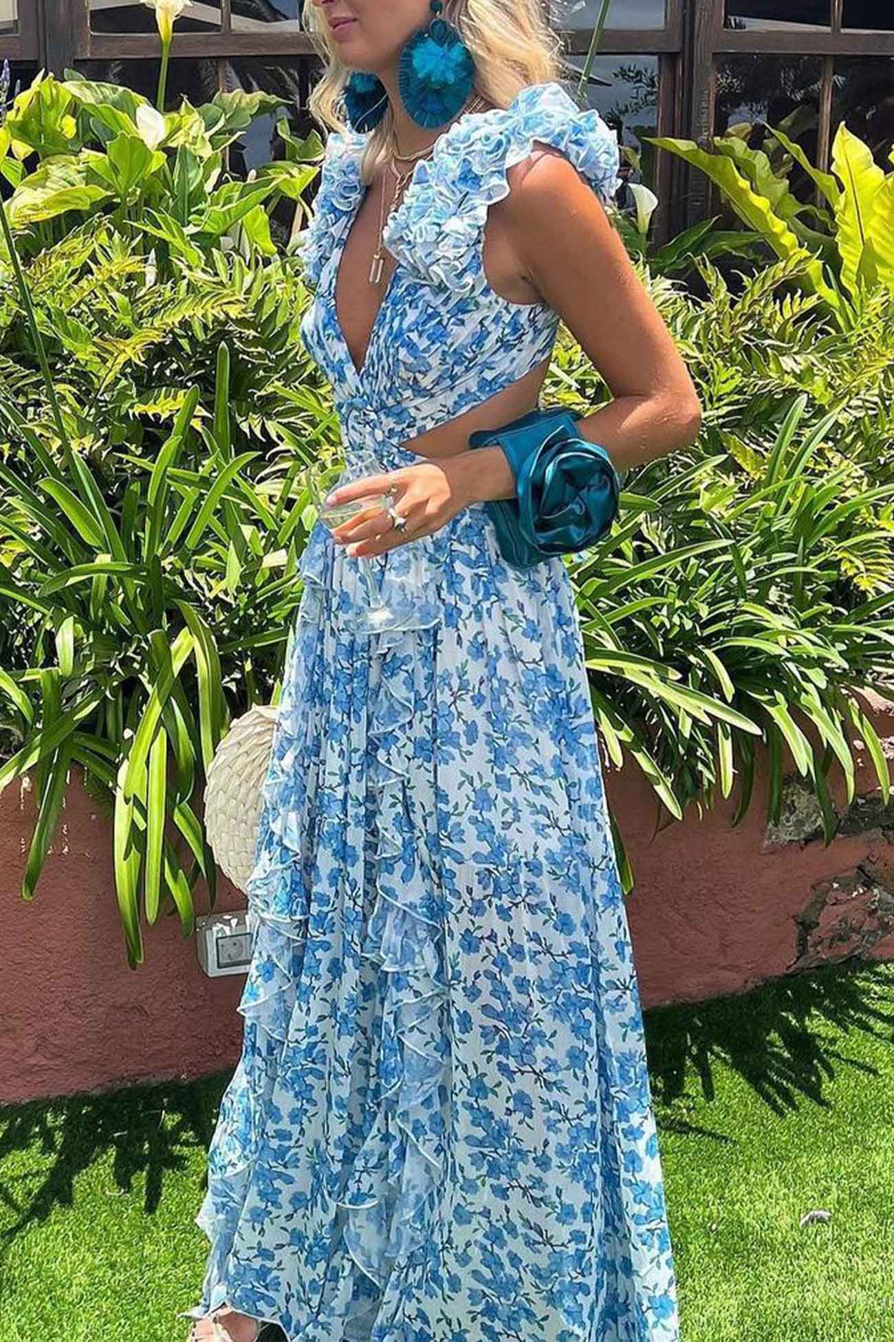 Women's Summer Floral Criss-cross Dress with Ruffles and Cut-out Waist