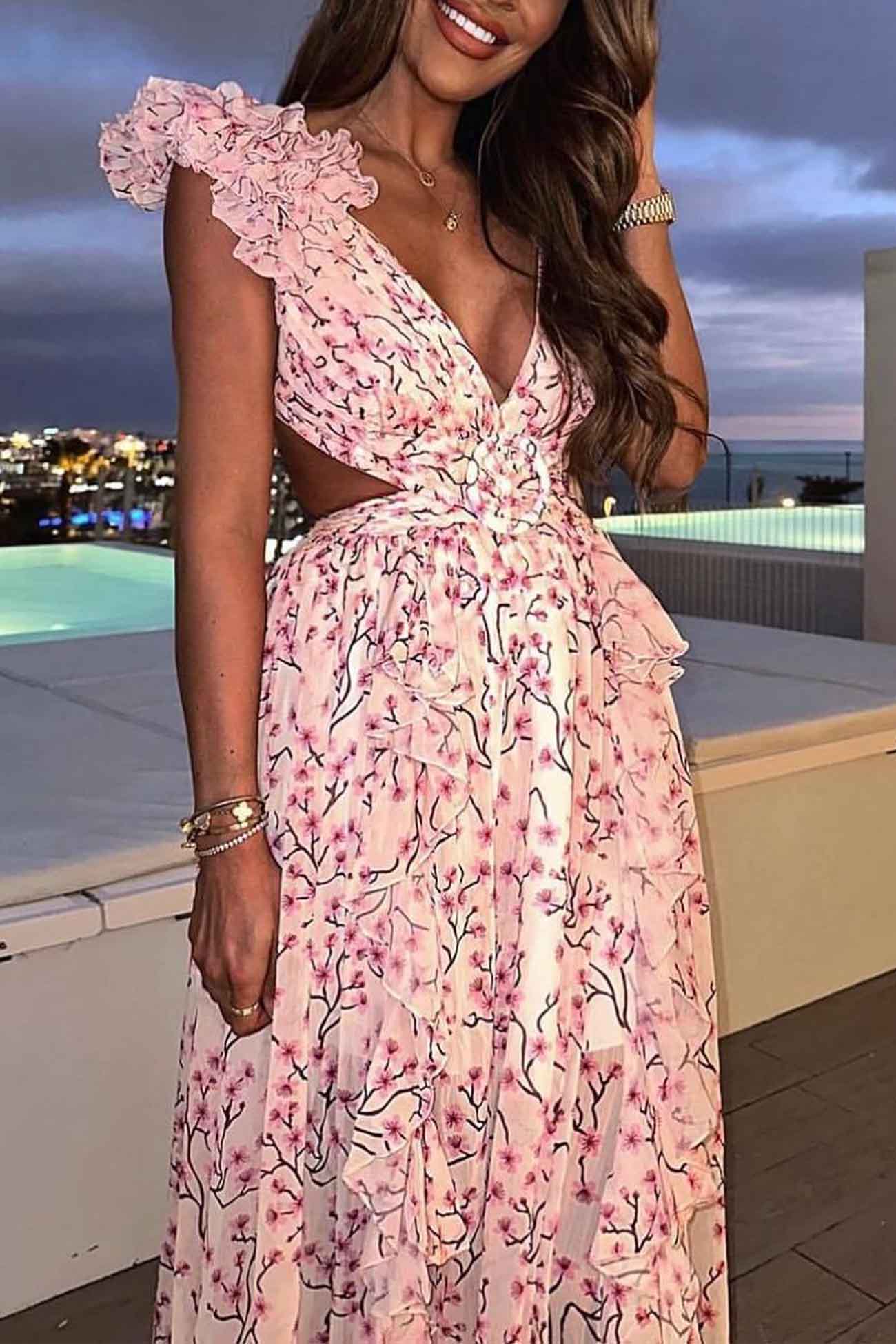 Women's Summer Floral Criss-cross Dress with Ruffles and Cut-out Waist