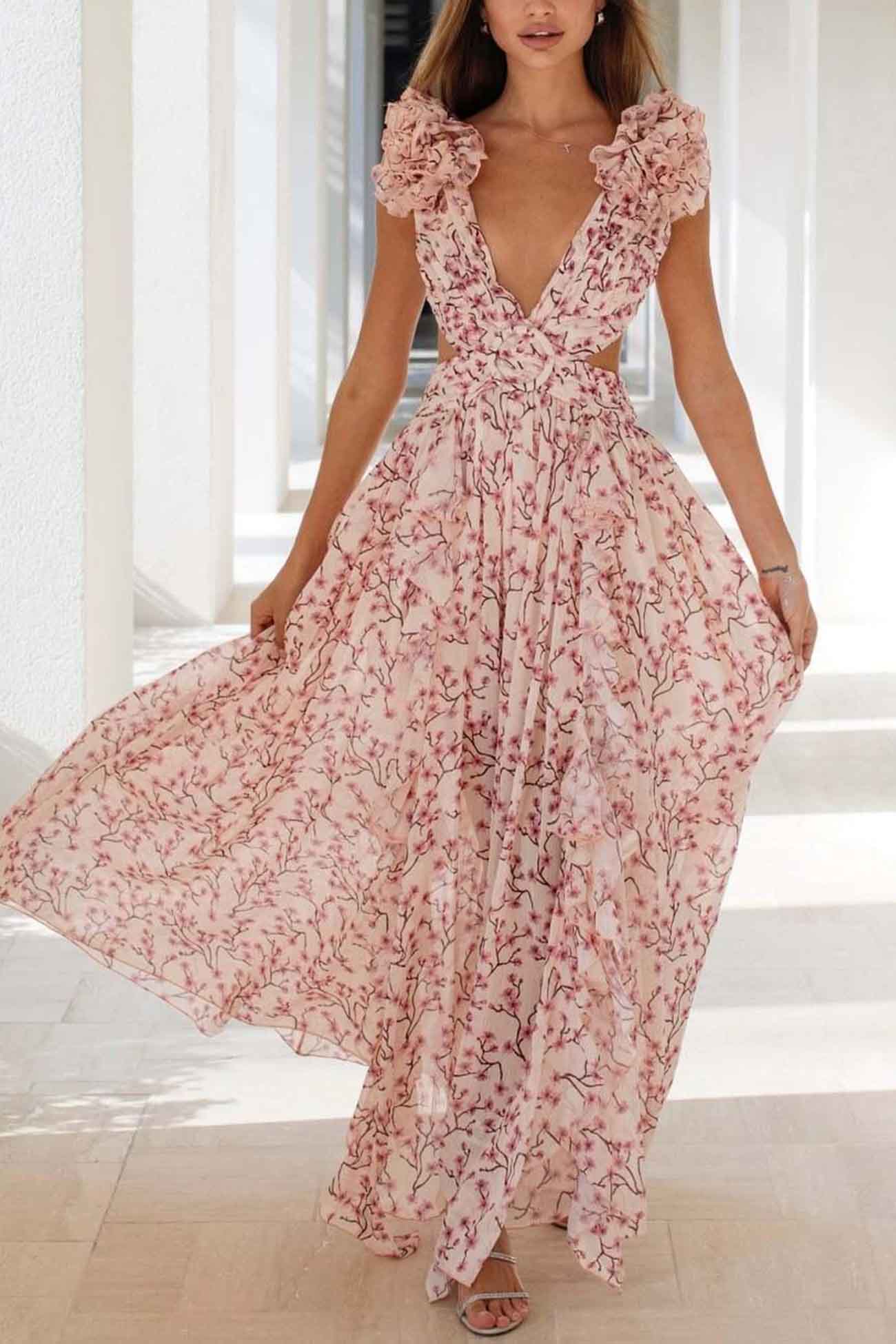 Women's Summer Floral Criss-cross Dress with Ruffles and Cut-out Waist