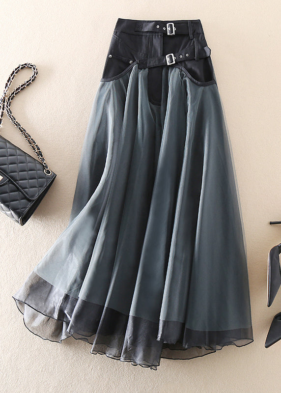 Women's High-Waisted Long Skirt with Sheer Overlay and Belted Waist