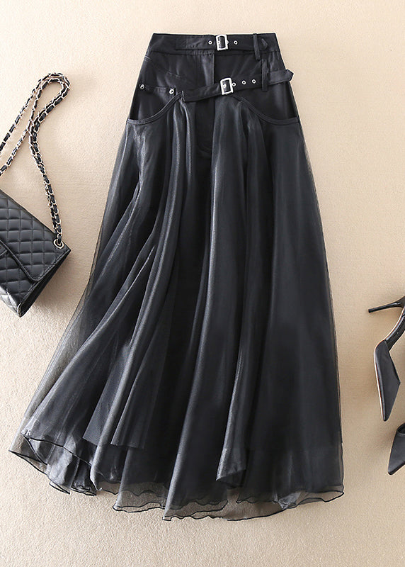 Women's High-Waisted Long Skirt with Sheer Overlay and Belted Waist