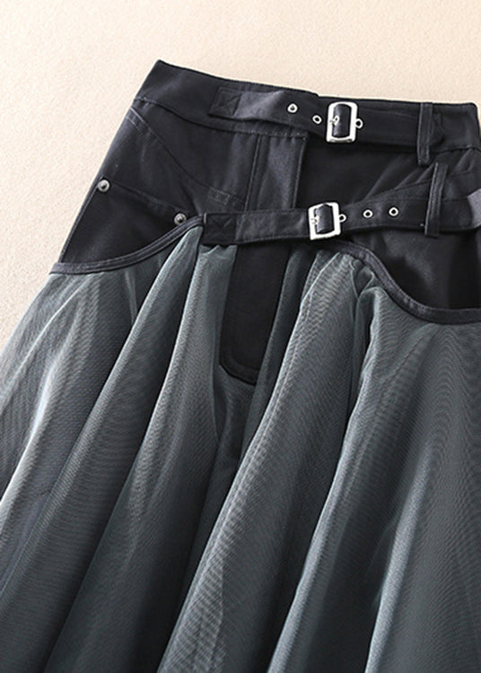 Women's High-Waisted Long Skirt with Sheer Overlay and Belted Waist