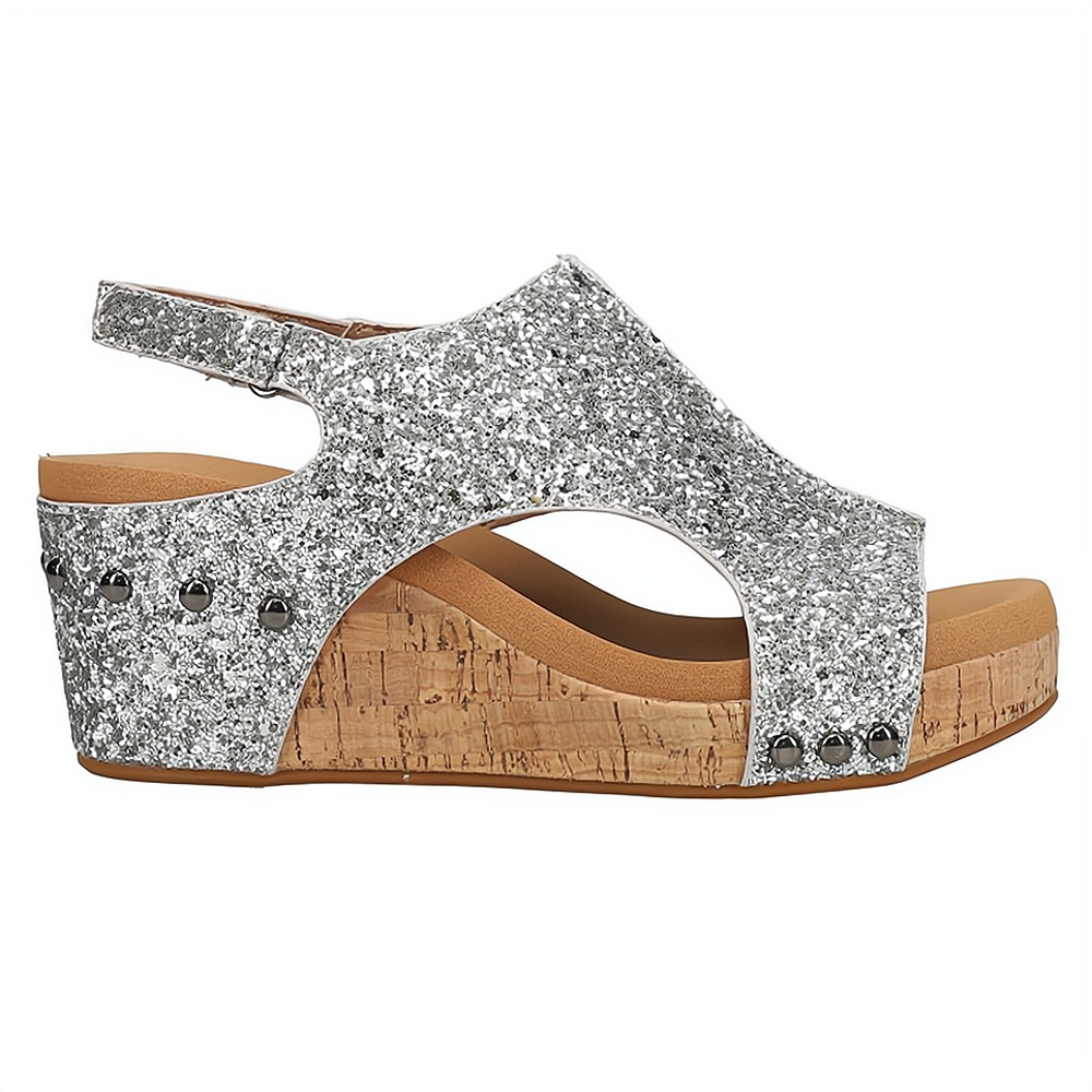 Women's Summer Cutout Wedge Sandals with Stud Accents and Glitters