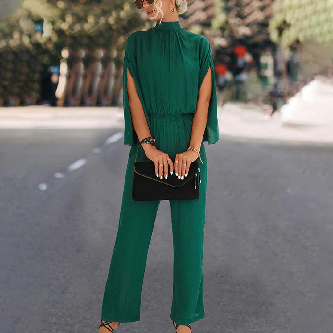 Women' Summer Jumpsuit with High Neck and Slit Sleeves
