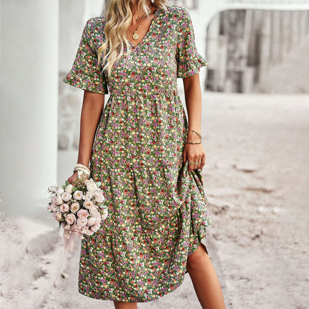 Women's Summer Floral Midi Dress with Short Sleeves and V-neckline