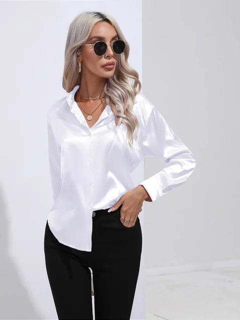 Women's Long Sleeve Blouse with Buttons and Smooth Fabric