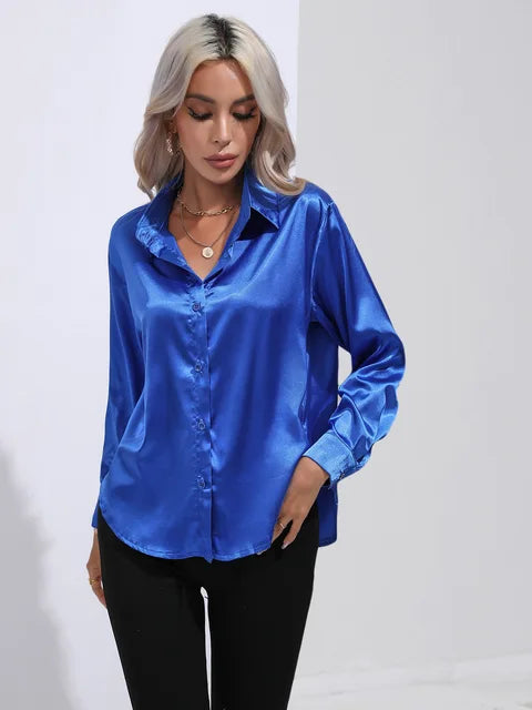 Women's Long Sleeve Blouse with Buttons and Smooth Fabric