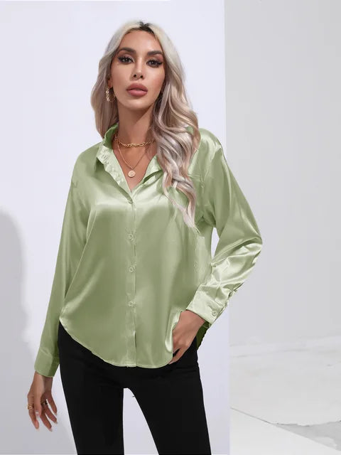 Women's Long Sleeve Blouse with Buttons and Smooth Fabric