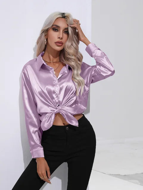 Women's Long Sleeve Blouse with Buttons and Smooth Fabric
