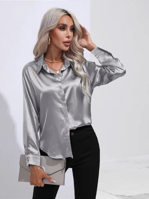 Women's Long Sleeve Blouse with Buttons and Smooth Fabric