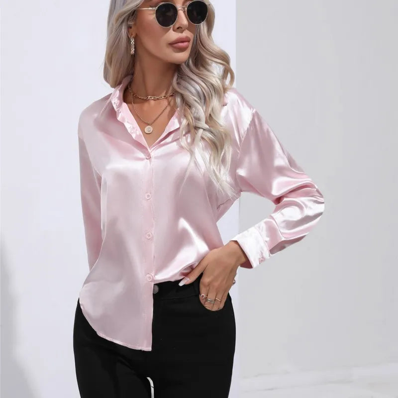 Women's Long Sleeve Blouse with Buttons and Smooth Fabric