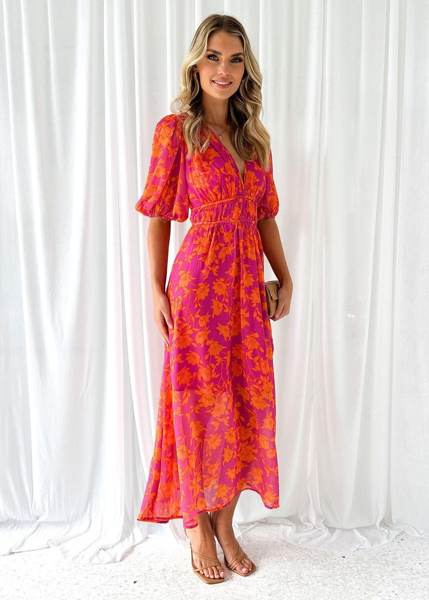 Women's Summer Floral Midi Dress with Puff Sleeves and V-neck