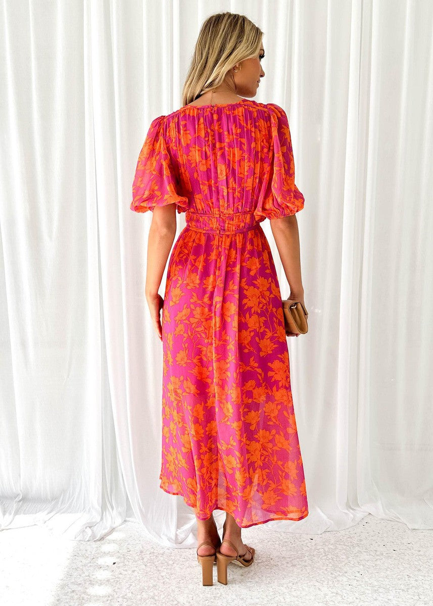 Women's Summer Floral Midi Dress with Puff Sleeves and V-neck