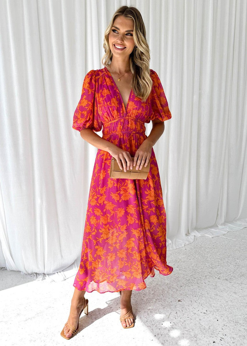 Women's Summer Floral Midi Dress with Puff Sleeves and V-neck