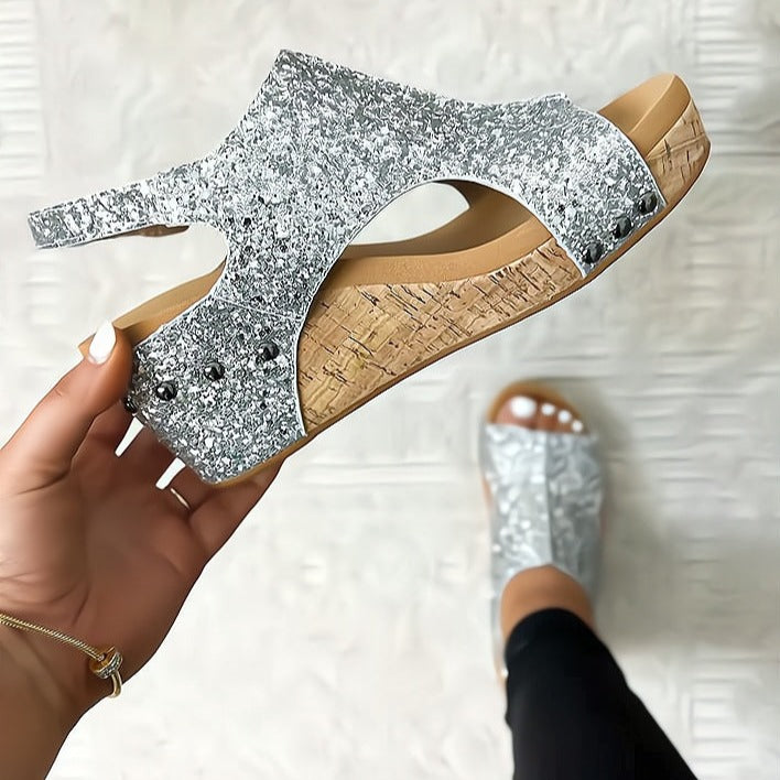 Women's Summer Cutout Wedge Sandals with Stud Accents and Glitters