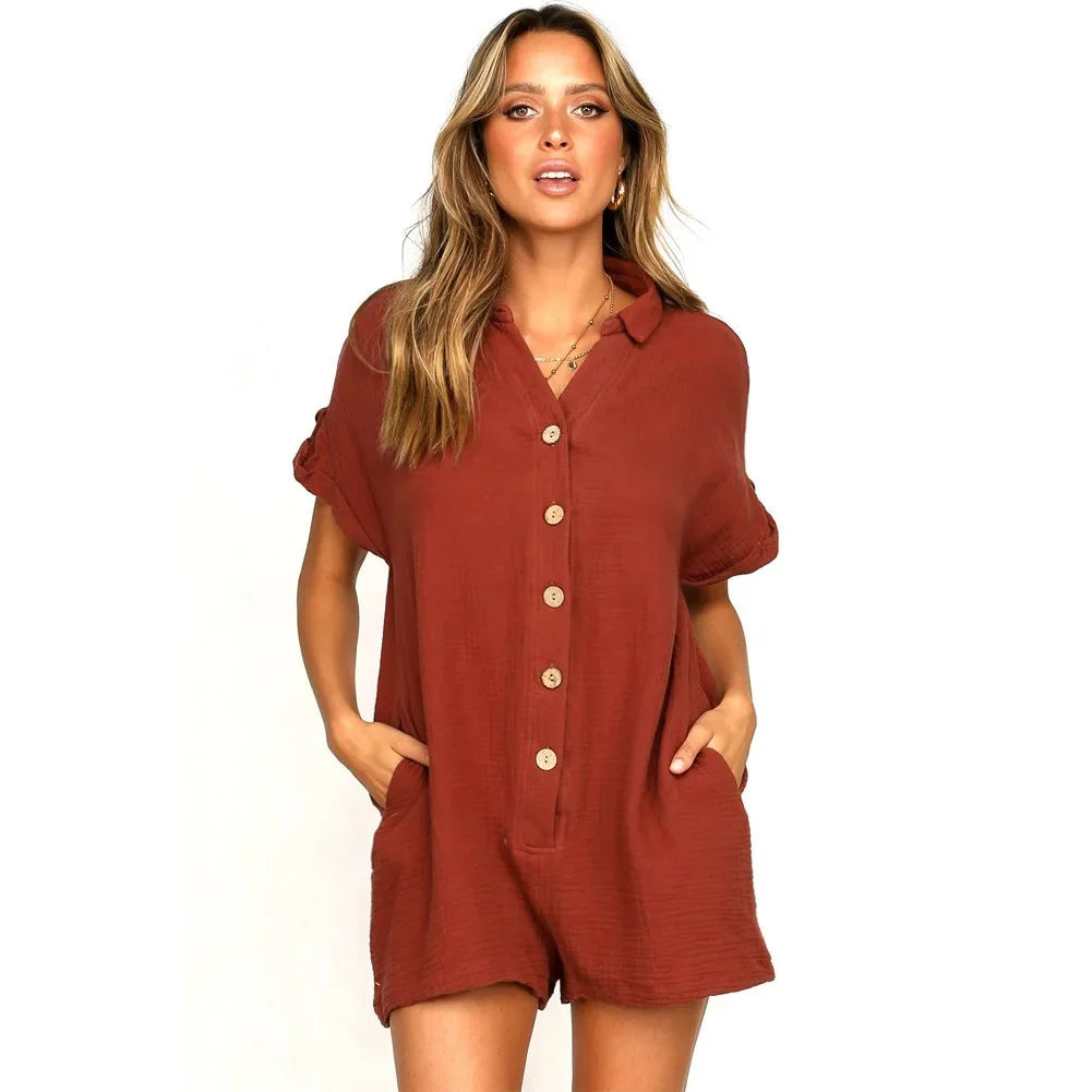 Women's Summer Buttoned Jumpsuit Short with Pockets and Short Sleeves