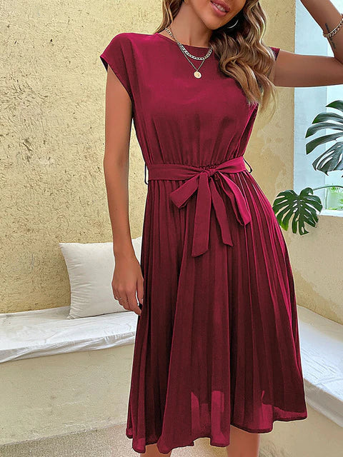 Women's Summer Short Sleeve Midi Dress with Belt and Pleated Skirt