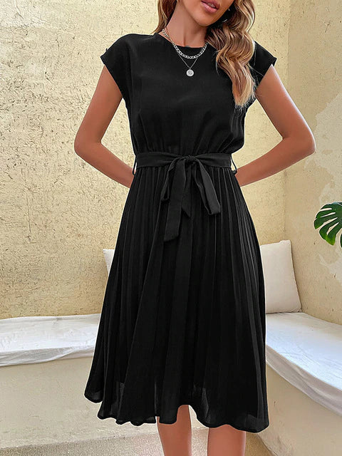 Women's Summer Short Sleeve Midi Dress with Belt and Pleated Skirt