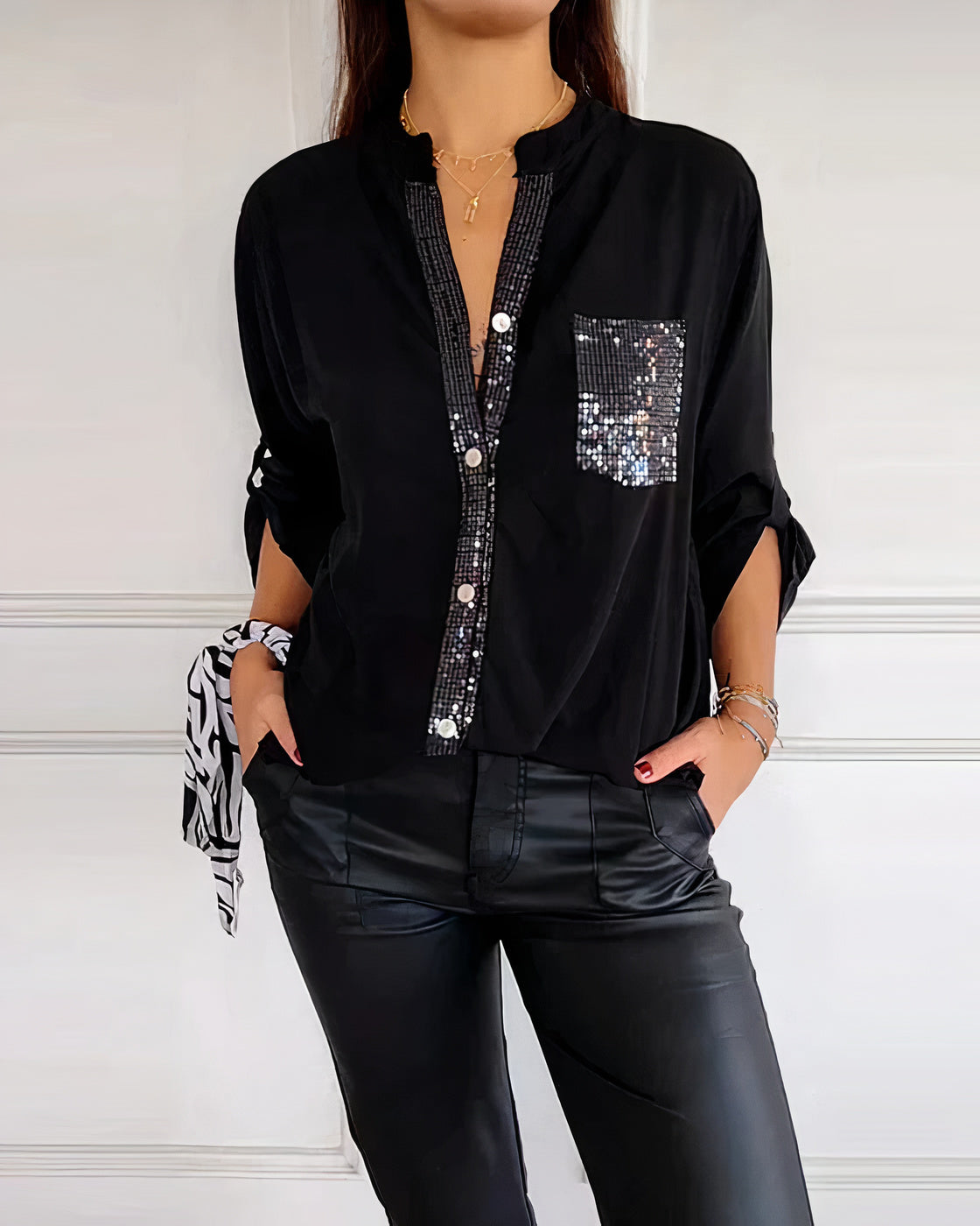 Women's Half Sleeve Glitters Blouse with One Pocket and Buttons