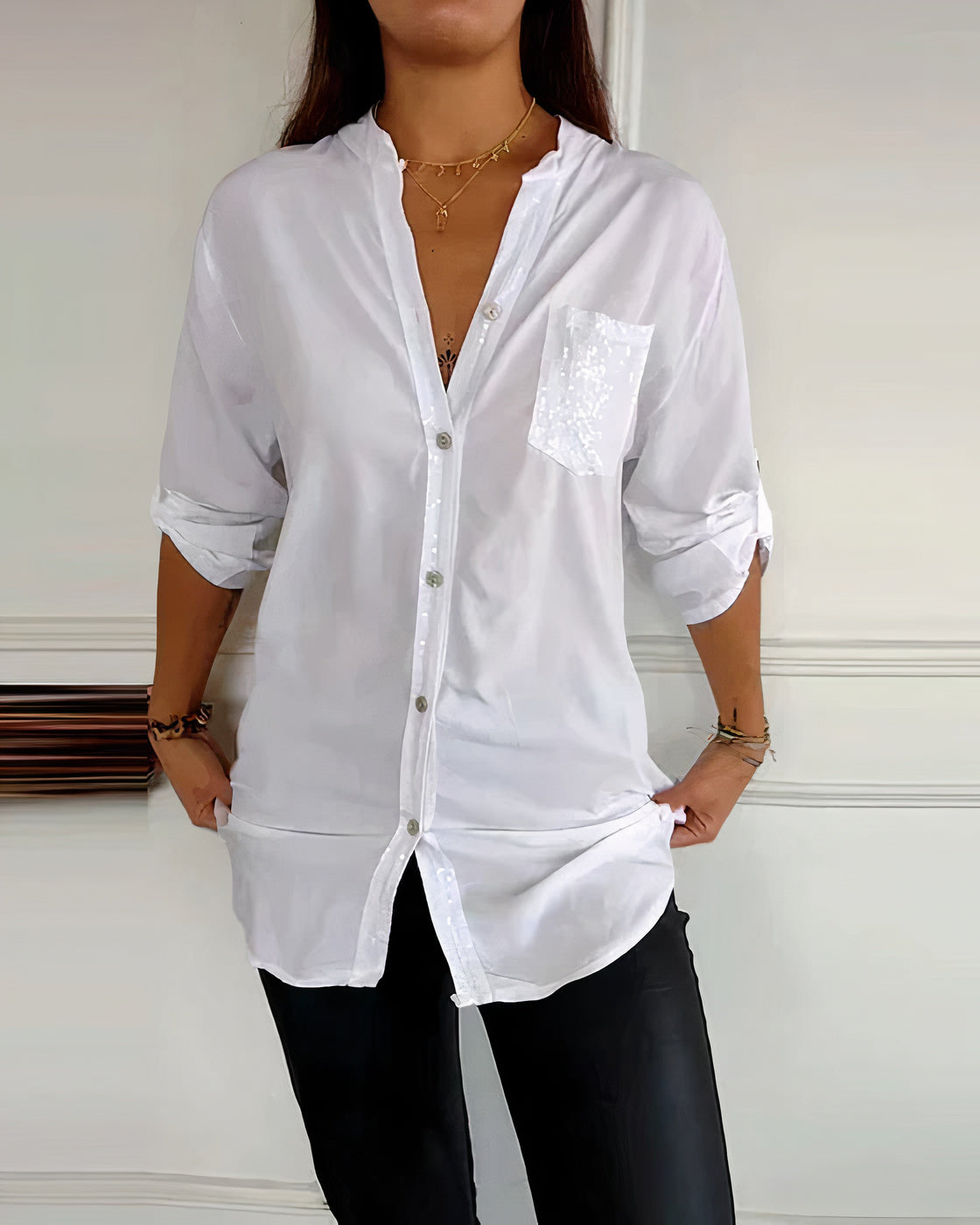 Women's Half Sleeve Glitters Blouse with One Pocket and Buttons