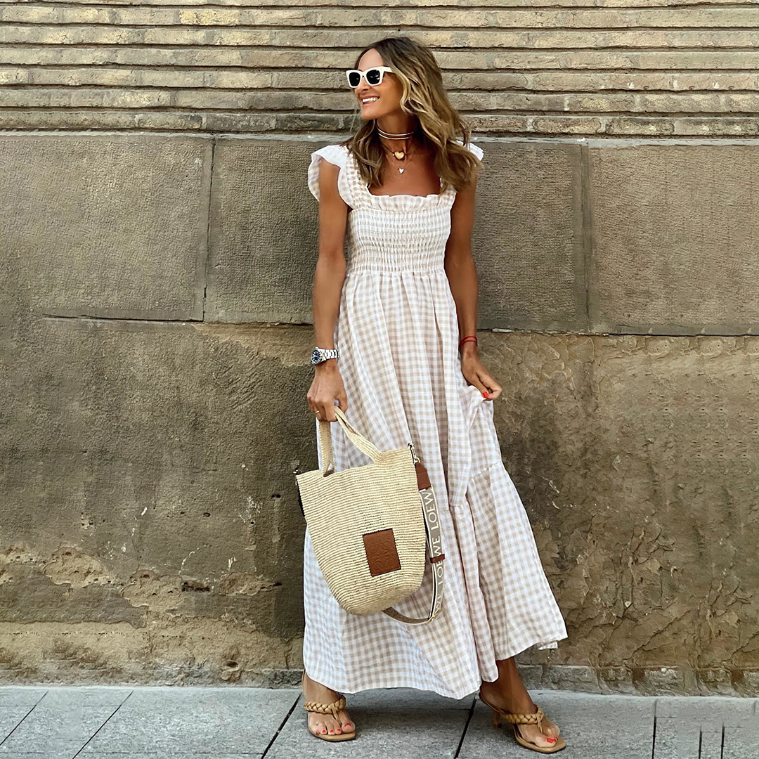 Women's Summer Checkered Maxi Dress with Sleeveless and Layered Style