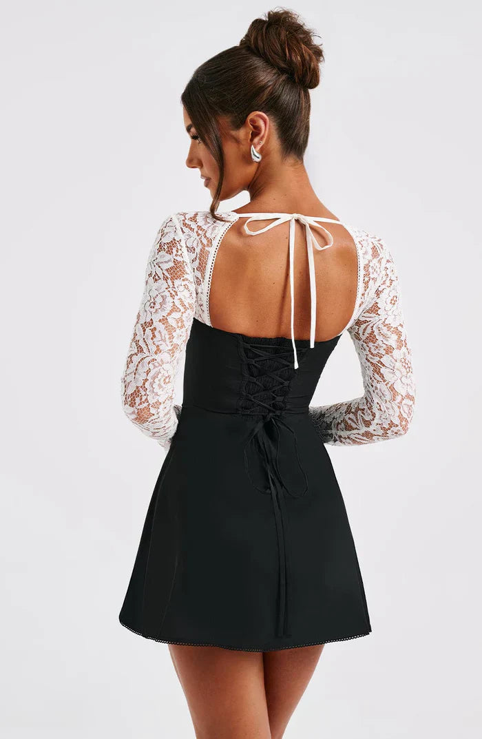 Women's Summer Party Mini Dress with Long Sleeve Lace and Drawstrings