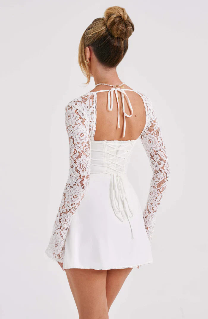 Women's Summer Party Mini Dress with Long Sleeve Lace and Drawstrings