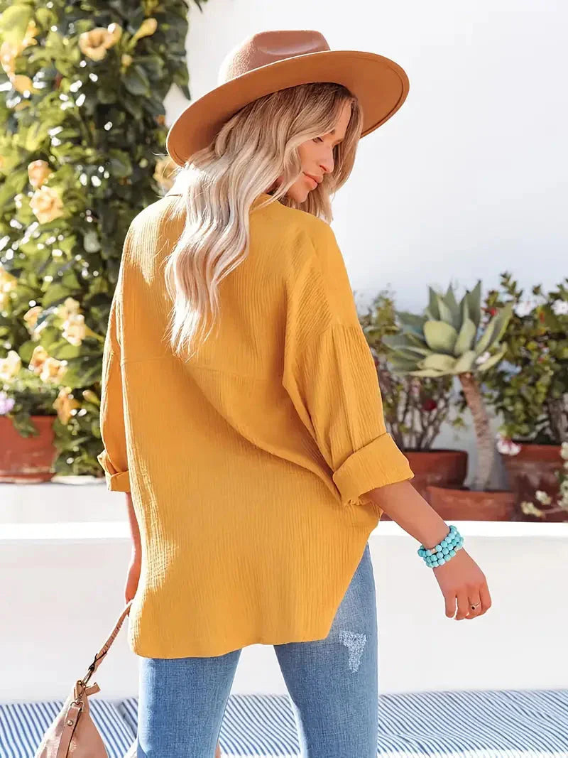 Women's Loose Long Sleeve Shirt with Buttons and Chest Pocket