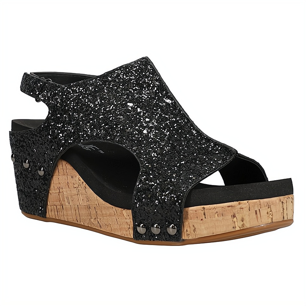 Women's Summer Cutout Wedge Sandals with Stud Accents and Glitters