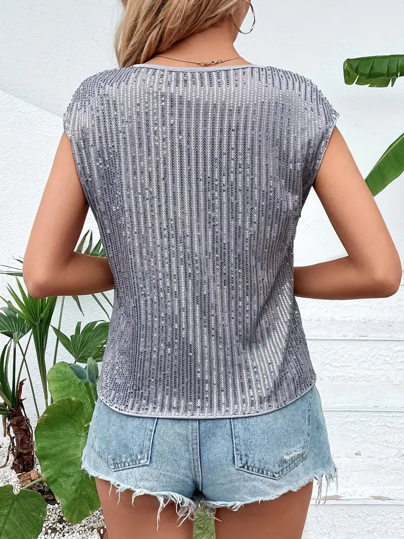 Women's Summer Sequined Blouse with Short Sleeve and Round Neckline