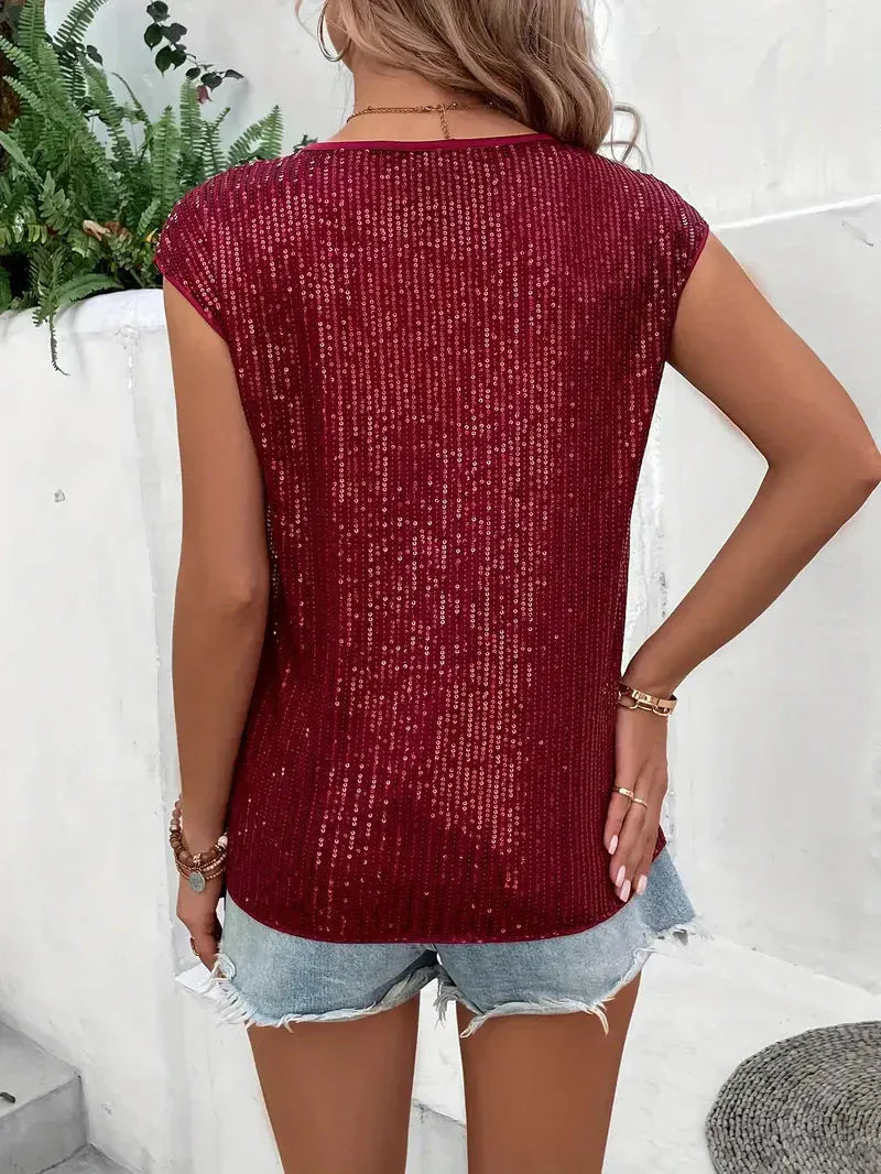 Women's Summer Sequined Blouse with Short Sleeve and Round Neckline
