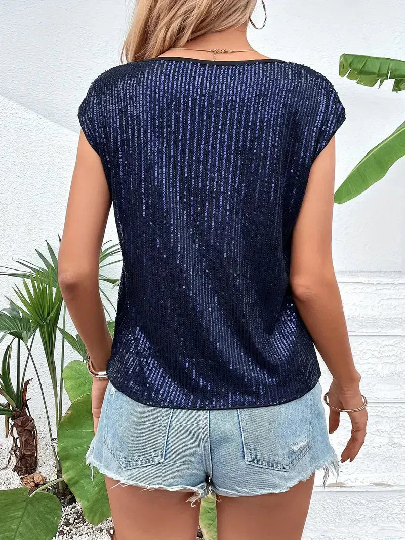 Women's Summer Sequined Blouse with Short Sleeve and Round Neckline