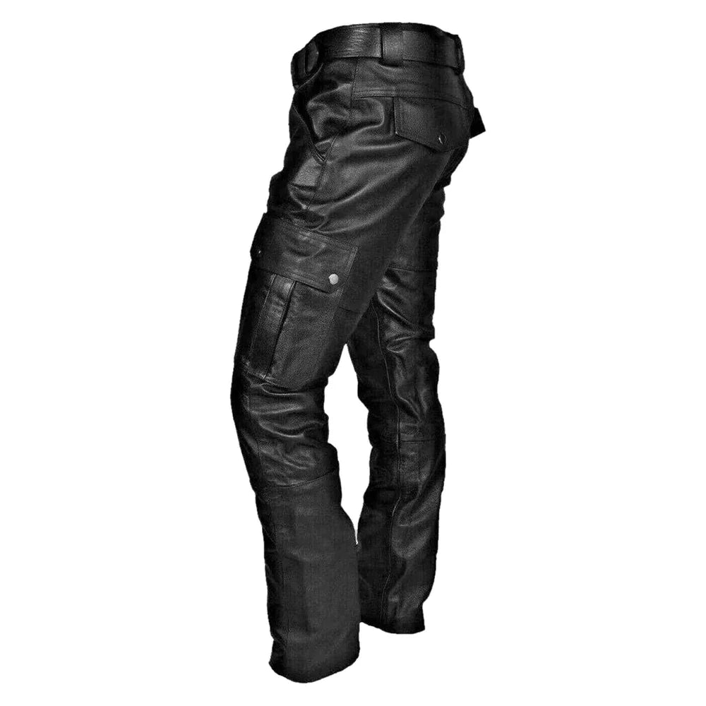 Men’s Vegan Leather Cargo Pants with Belt and Multi-Pockets