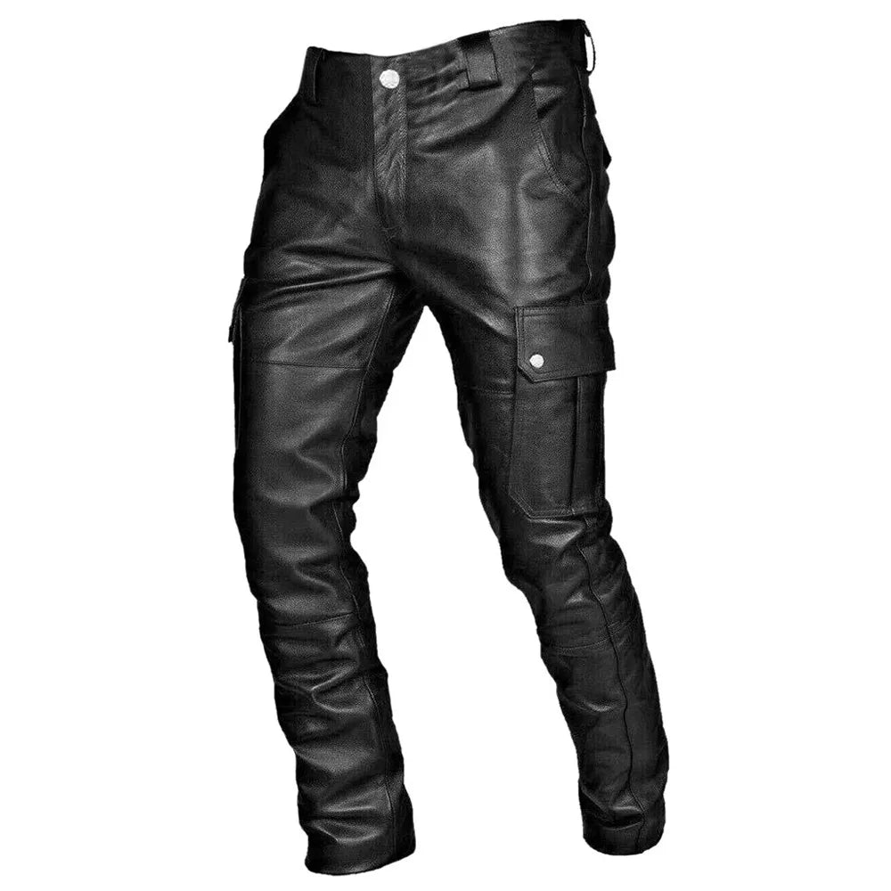 Men’s Vegan Leather Cargo Pants with Belt and Multi-Pockets