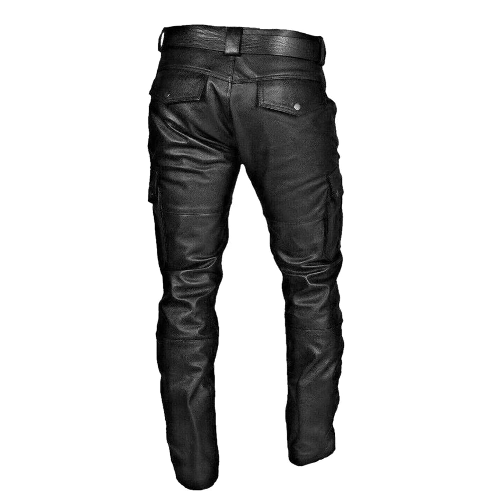 Men’s Vegan Leather Cargo Pants with Belt and Multi-Pockets