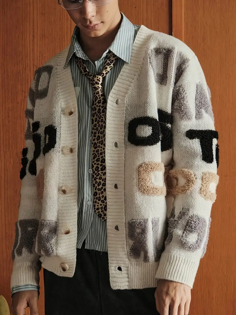 Men's Beige Graphic Knit Cardigan
