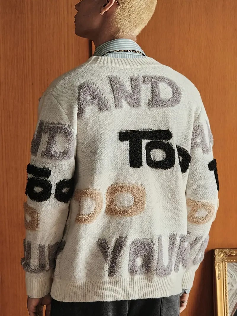 Men's Beige Graphic Knit Cardigan