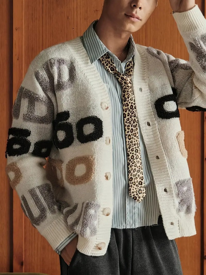 Men's Beige Graphic Knit Cardigan