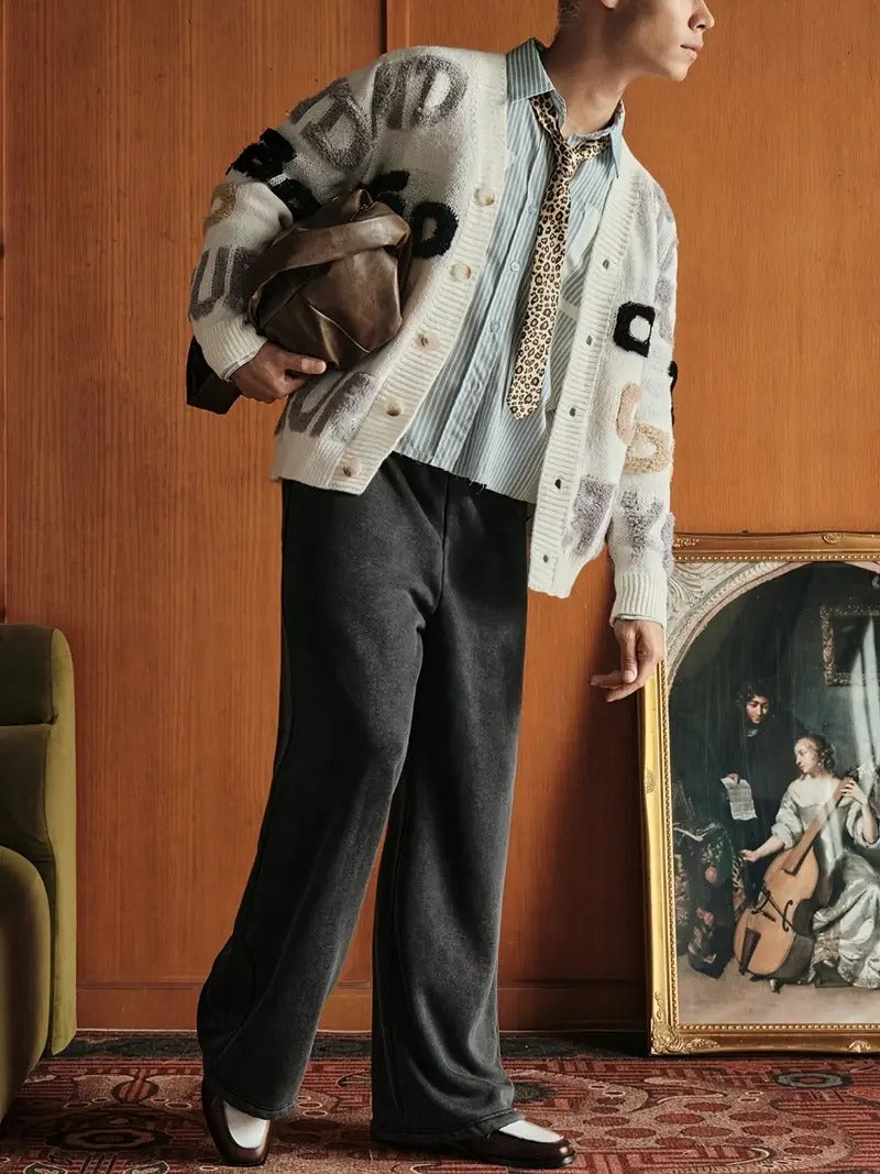 Men's Beige Graphic Knit Cardigan