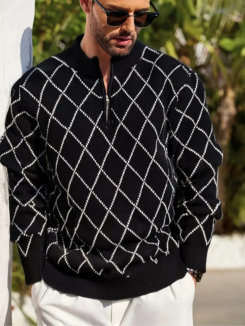 Men's Black Diamond-Pattern Quarter-Zip Sweater