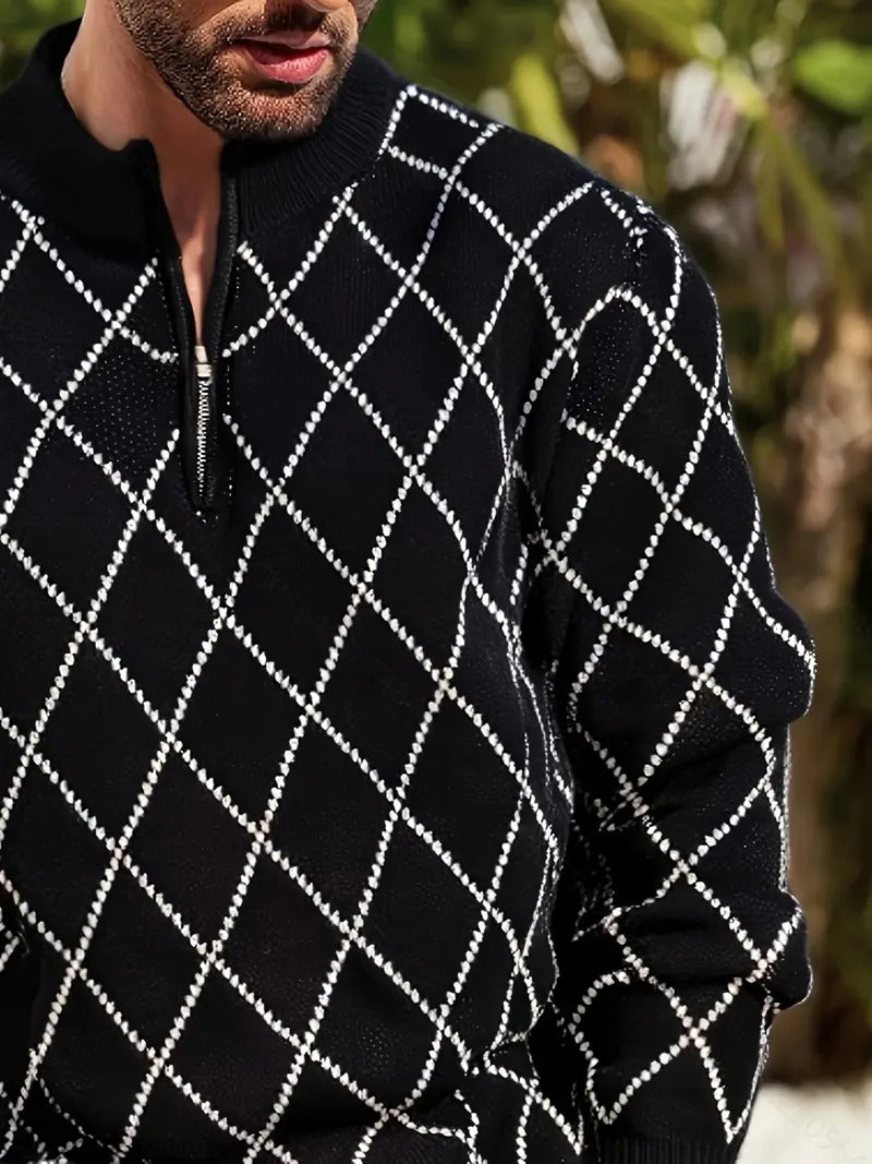 Men's Black Diamond-Pattern Quarter-Zip Sweater