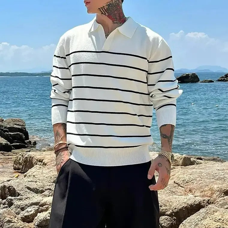 Men's Collared Sweater with Striped Pattern